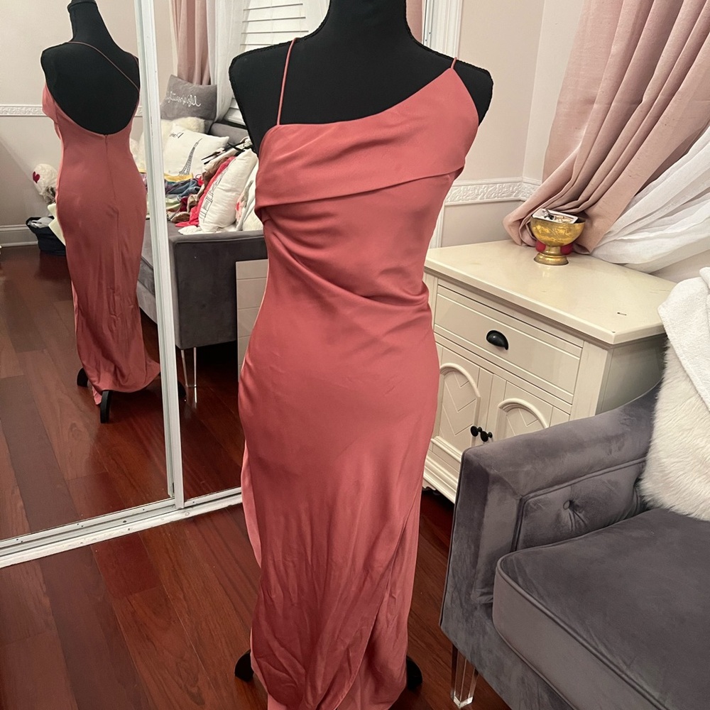 Elegant Asymmetrical Satin Maxi Dress in Dusty Rose